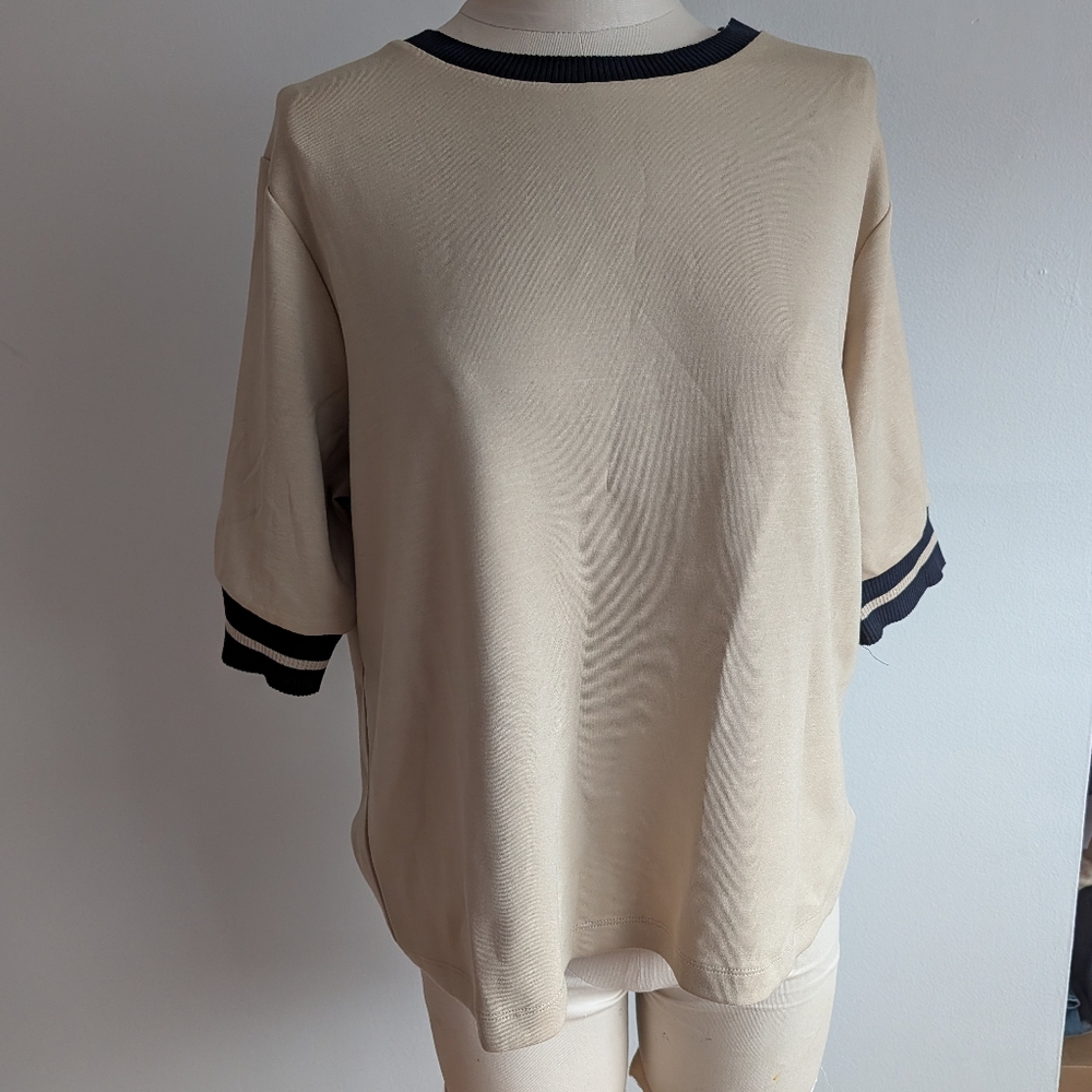 Camel Short Sleeve Top with Navy Trim